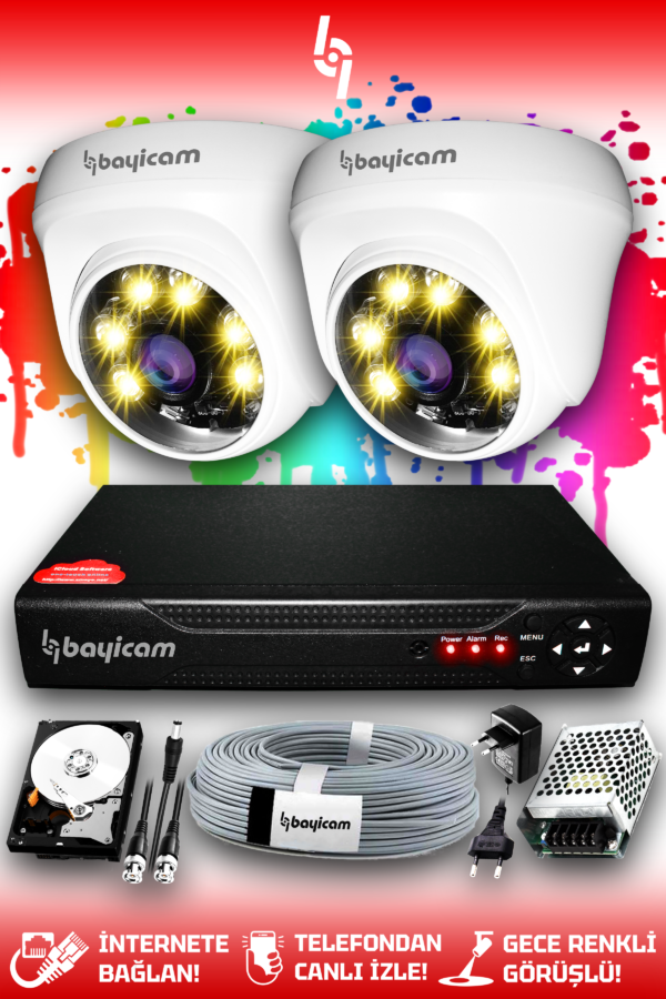 2 Kameralı Dome 2 İç Kamera Set 100 GB HDD Full HD Renkli Gece Görüşlü Güvenlik Kamerası Sistemi