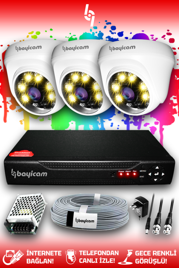 3 Kameralı Dome 3 İç Kamera Set HDD'siz Full HD Renkli Gece Görüşlü Güvenlik Kamerası Sistemi