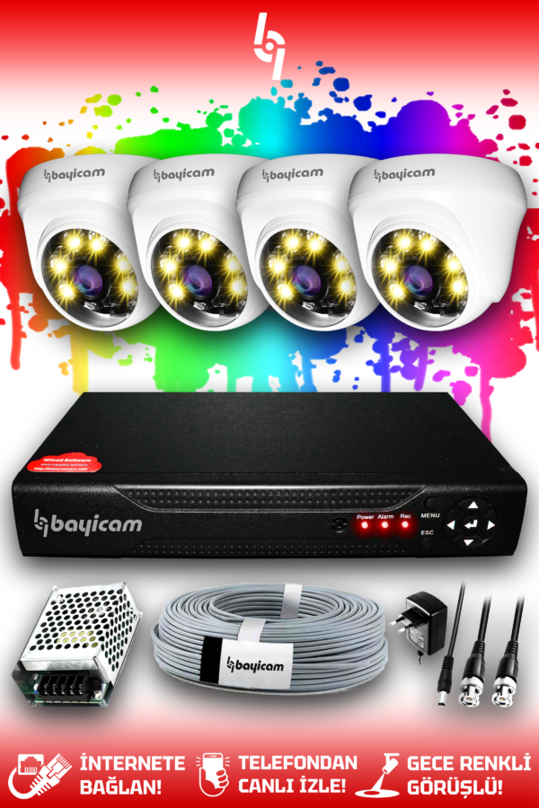4 Kameralı Dome 4 İç Kamera Set HDD'siz Full HD Renkli Gece Görüşlü Güvenlik Kamerası Sistemi