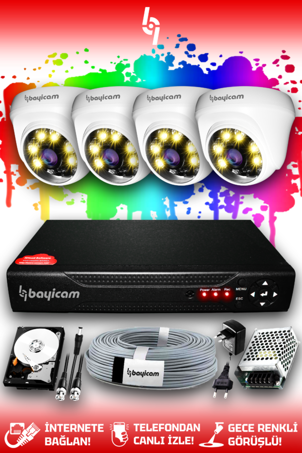 4 Kameralı Dome 4 İç Kamera Set 250 GB HDD Full HD Renkli Gece Görüşlü Güvenlik Kamerası Sistemi
