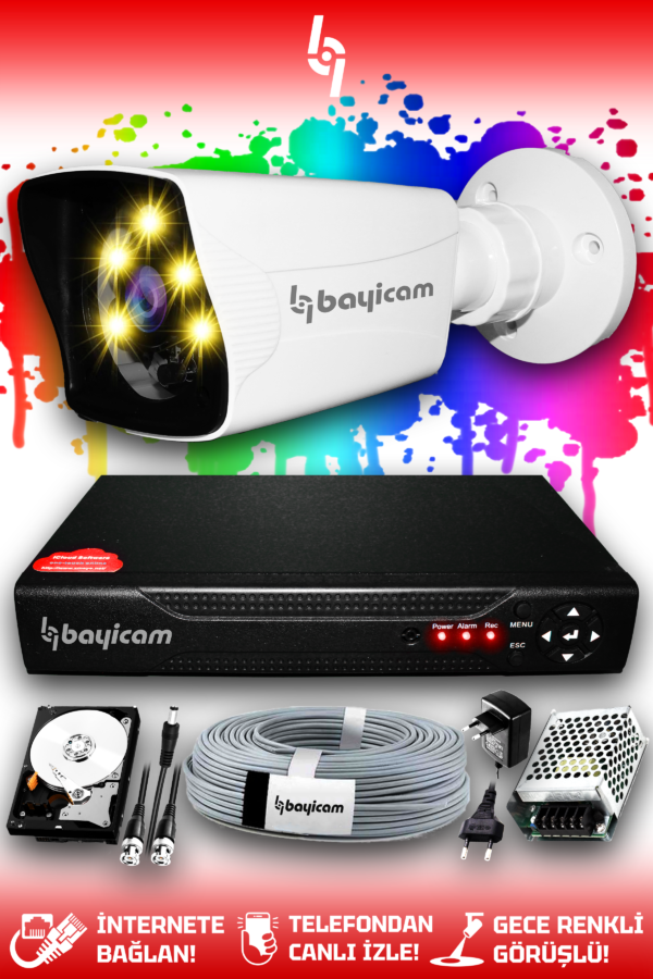 1 Kameralı Kare 1 Dış Kamera Set 1 TB HDD Full HD Renkli Gece Görüşlü Güvenlik Kamerası Sistemi