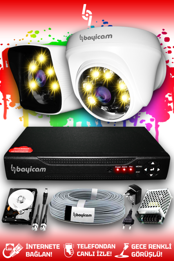 2 Kameralı Kare 1 İç Kamera Set 320 GB HDD Full HD Renkli Gece Görüşlü Güvenlik Kamerası Sistemi