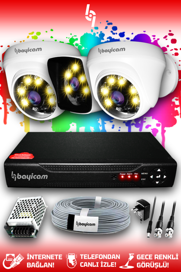 3 Kameralı Kare 2 İç Kamera Set HDD'siz Full HD Renkli Gece Görüşlü Güvenlik Kamerası Sistemi