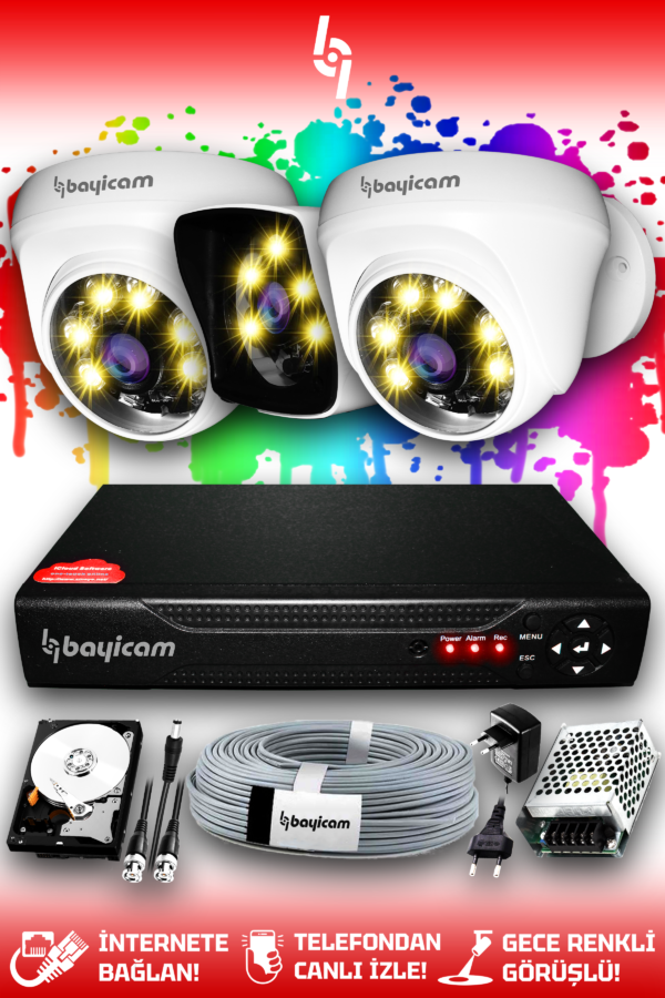 3 Kameralı Kare 2 İç Kamera Set 2 TB HDD Full HD Renkli Gece Görüşlü Güvenlik Kamerası Sistemi