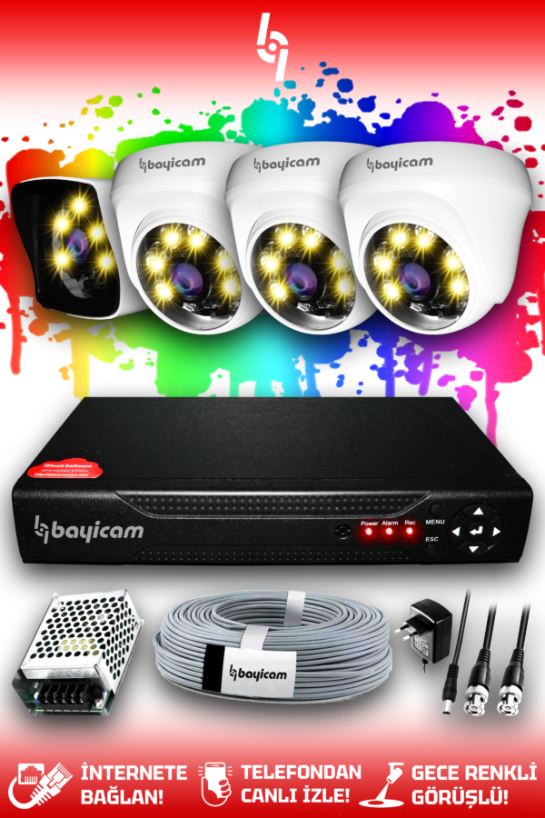 4 Kameralı Kare 3 İç Kamera Set HDD'siz Full HD Renkli Gece Görüşlü Güvenlik Kamerası Sistemi