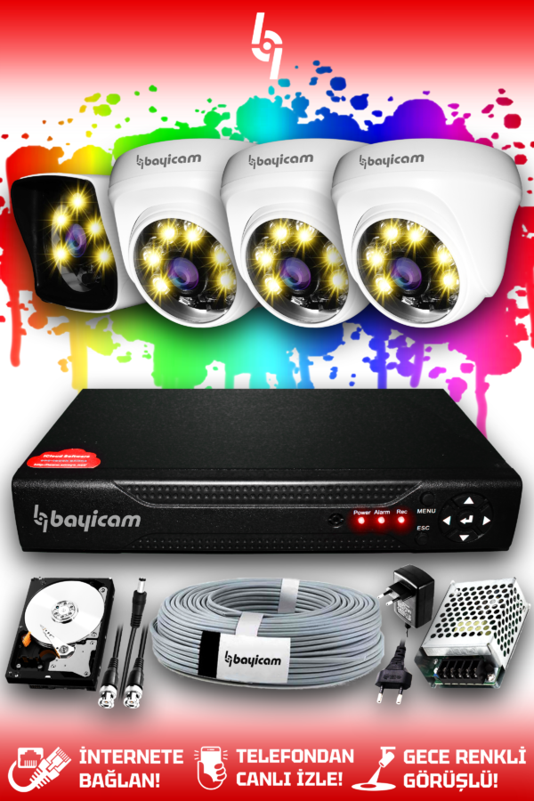 4 Kameralı Kare 3 İç Kamera Set 1 TB HDD Full HD Renkli Gece Görüşlü Güvenlik Kamerası Sistemi
