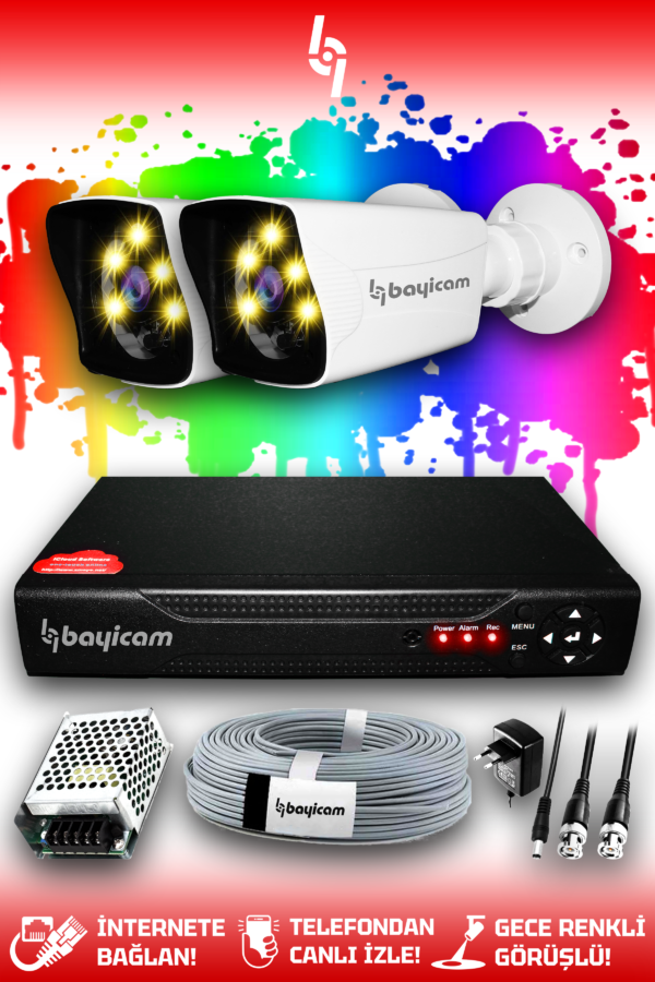 2 Kameralı Kare 2 Dış Kamera Set HDD'siz Full HD Renkli Gece Görüşlü Güvenlik Kamerası Sistemi