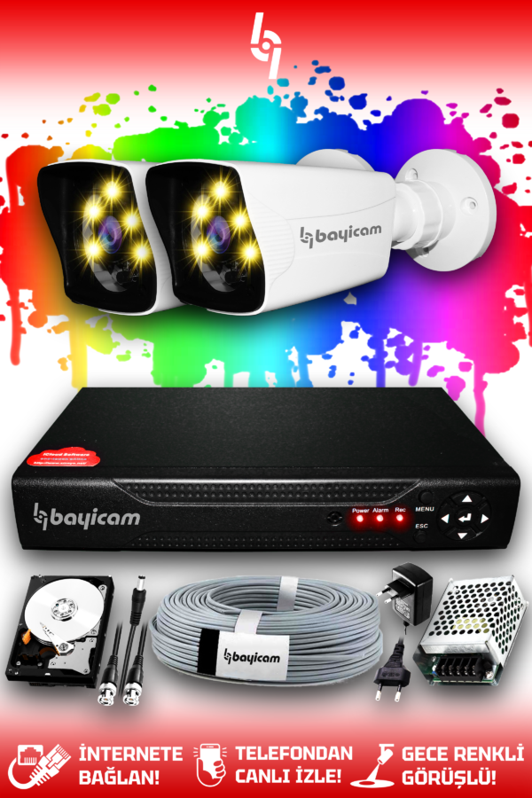 2 Kameralı Kare 2 Dış Kamera Set 500 GB HDD Full HD Renkli Gece Görüşlü Güvenlik Kamerası Sistemi