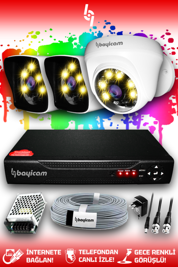 3 Kameralı Kare 1 İç Kamera Set HDD'siz Full HD Renkli Gece Görüşlü Güvenlik Kamerası Sistemi
