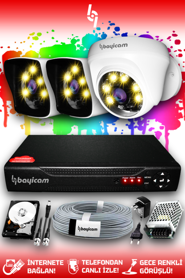 3 Kameralı Kare 1 İç Kamera Set 320 GB HDD Full HD Renkli Gece Görüşlü Güvenlik Kamerası Sistemi