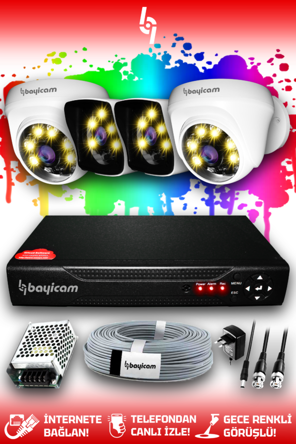 4 Kameralı Kare 2 İç Kamera Set HDD'siz Full HD Renkli Gece Görüşlü Güvenlik Kamerası Sistemi