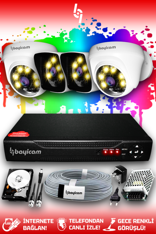 4 Kameralı Kare 2 İç Kamera Set 2 TB HDD Full HD Renkli Gece Görüşlü Güvenlik Kamerası Sistemi