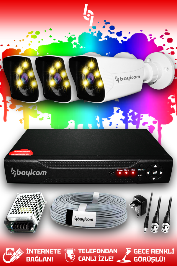3 Kameralı Kare 3 Dış Kamera Set HDD'siz Full HD Renkli Gece Görüşlü Güvenlik Kamerası Sistemi