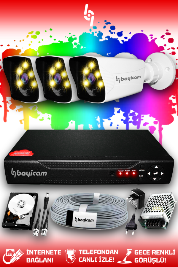 3 Kameralı Kare 3 Dış Kamera Set 2 TB HDD Full HD Renkli Gece Görüşlü Güvenlik Kamerası Sistemi