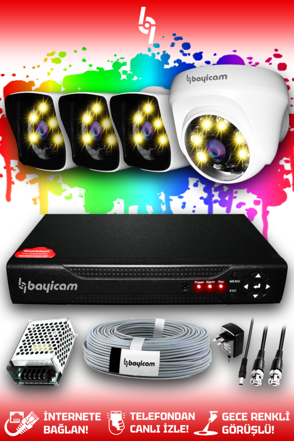 4 Kameralı Kare 1 İç Kamera Set HDD'siz Full HD Renkli Gece Görüşlü Güvenlik Kamerası Sistemi