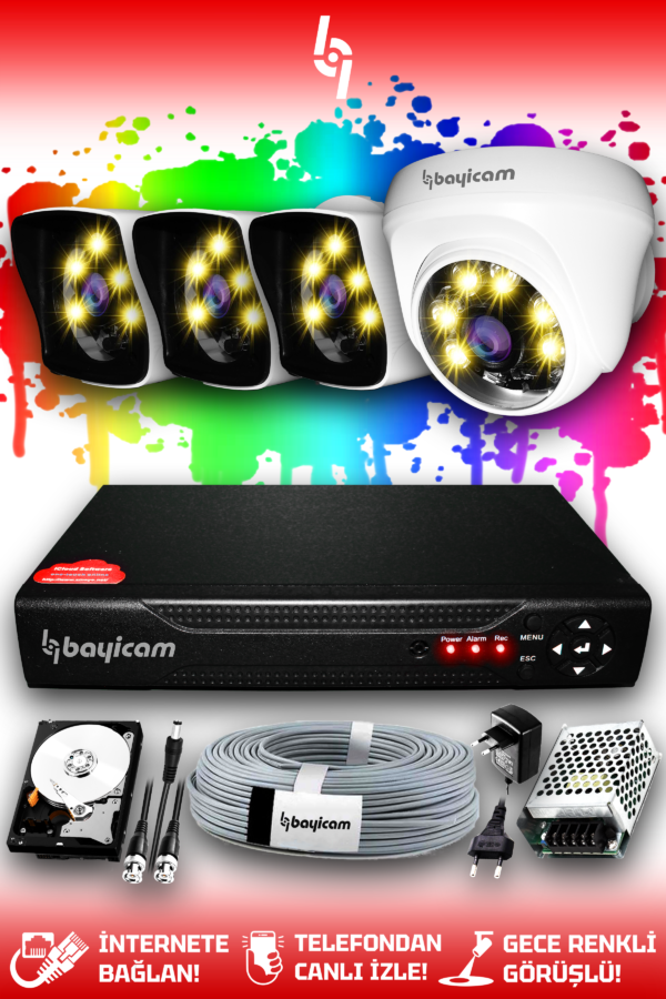 4 Kameralı Kare 1 İç Kamera Set 1 TB HDD Full HD Renkli Gece Görüşlü Güvenlik Kamerası Sistemi