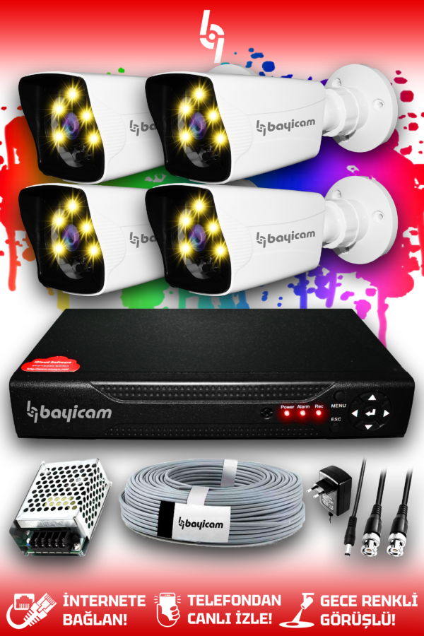 4 Kameralı Kare 4 Dış Kamera Set HDD'siz Full HD Renkli Gece Görüşlü Güvenlik Kamerası Sistemi