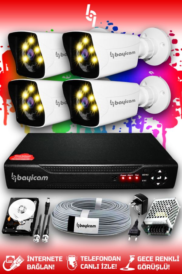4 Kameralı Kare 4 Dış Kamera Set 250 GB HDD Full HD Renkli Gece Görüşlü Güvenlik Kamerası Sistemi