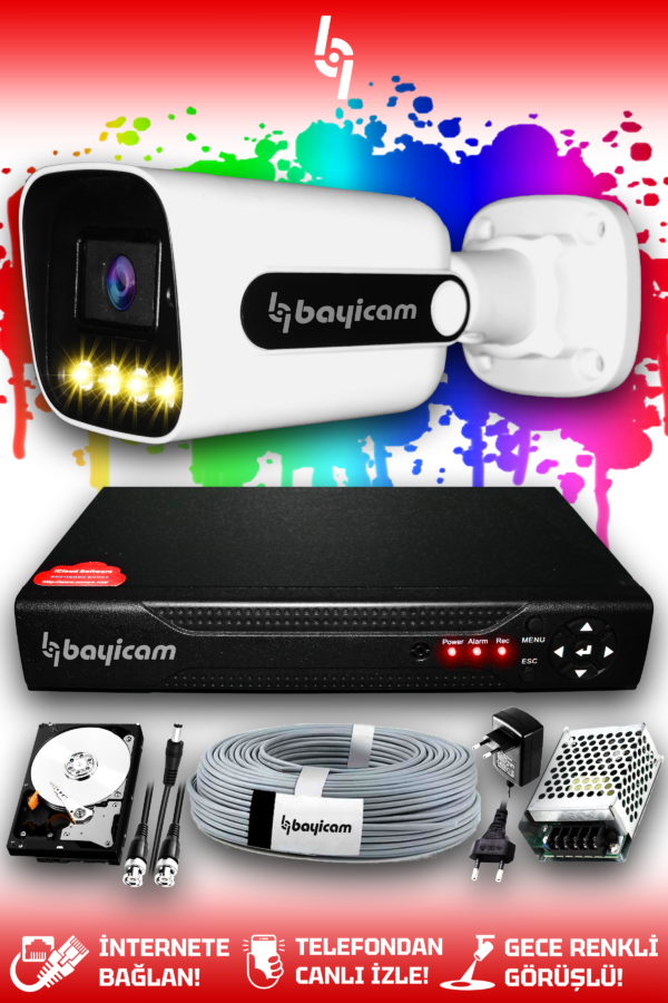 1 Kameralı Zebra 1 Dış Kamera Set 2 TB HDD Full HD Renkli Gece Görüşlü Güvenlik Kamerası Sistemi