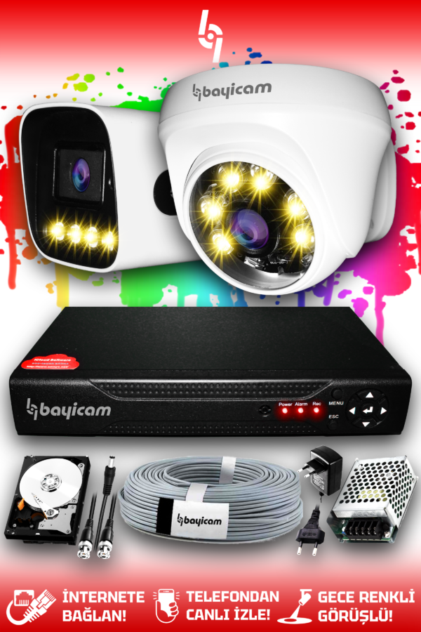 2 Kameralı Zebra 1 İç Kamera Set 1 TB HDD Full HD Renkli Gece Görüşlü Güvenlik Kamerası Sistemi