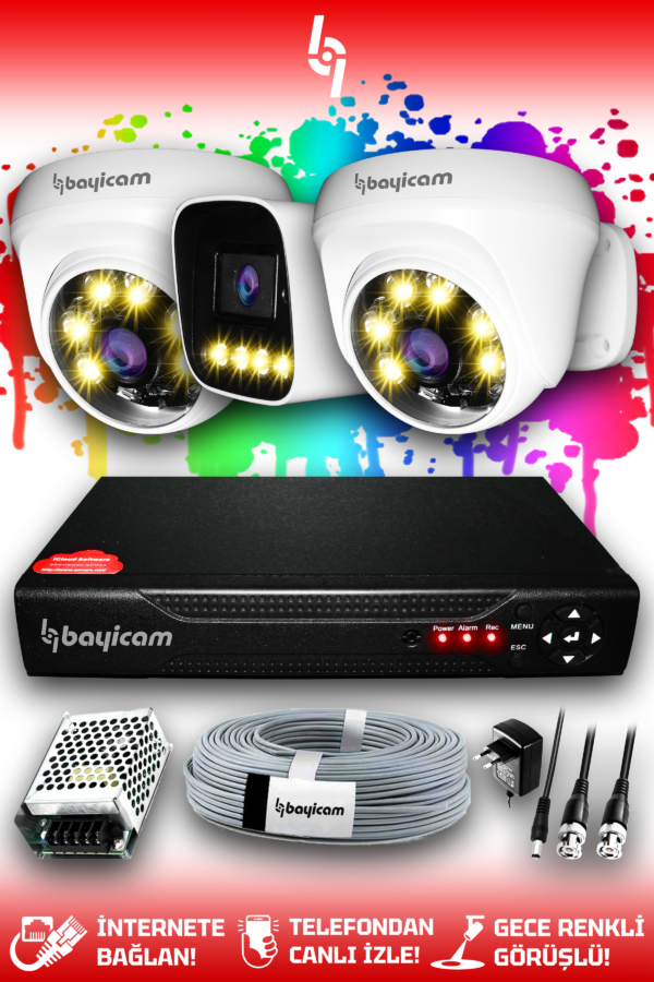 3 Kameralı Zebra 2 İç Kamera Set HDD'siz Full HD Renkli Gece Görüşlü Güvenlik Kamerası Sistemi