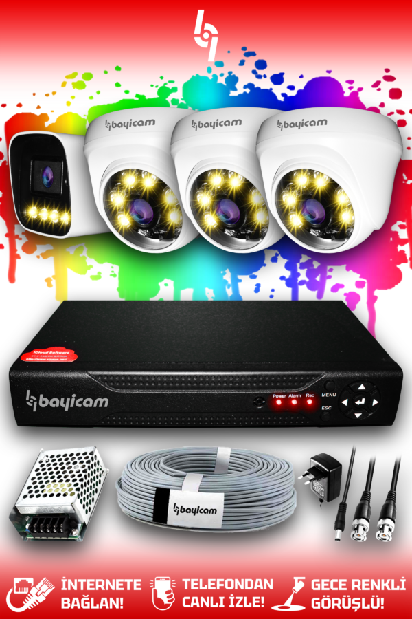 4 Kameralı Zebra 3 İç Kamera Set HDD'siz Full HD Renkli Gece Görüşlü Güvenlik Kamerası Sistemi