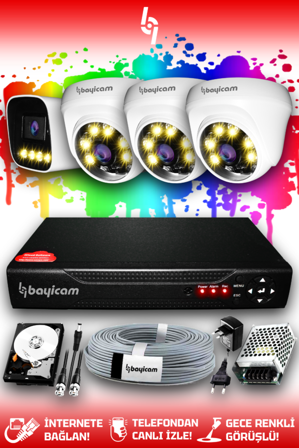 4 Kameralı Zebra 3 İç Kamera Set 250 GB HDD Full HD Renkli Gece Görüşlü Güvenlik Kamerası Sistemi