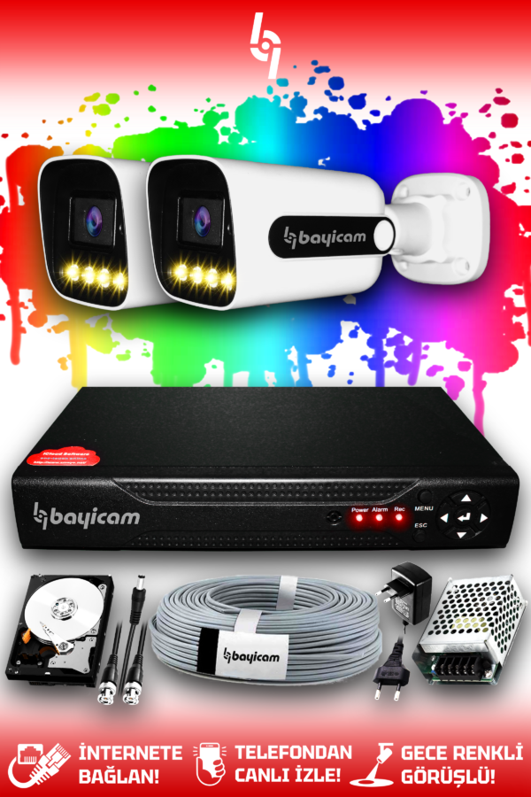 2 Kameralı Zebra 2 Dış Kamera Set 250 GB HDD Full HD Renkli Gece Görüşlü Güvenlik Kamerası Sistemi