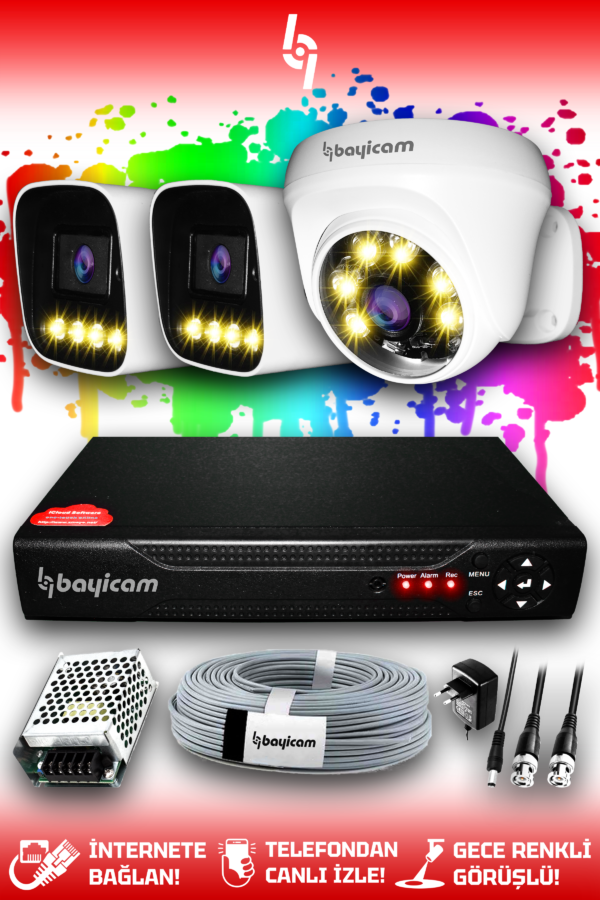 3 Kameralı Zebra 1 İç Kamera Set HDD'siz Full HD Renkli Gece Görüşlü Güvenlik Kamerası Sistemi