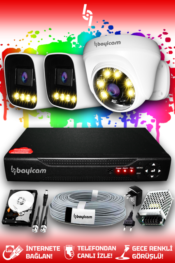 3 Kameralı Zebra 1 İç Kamera Set 100 GB HDD Full HD Renkli Gece Görüşlü Güvenlik Kamerası Sistemi