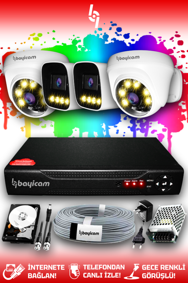 4 Kameralı Zebra 2 İç Kamera Set 2 TB HDD Full HD Renkli Gece Görüşlü Güvenlik Kamerası Sistemi