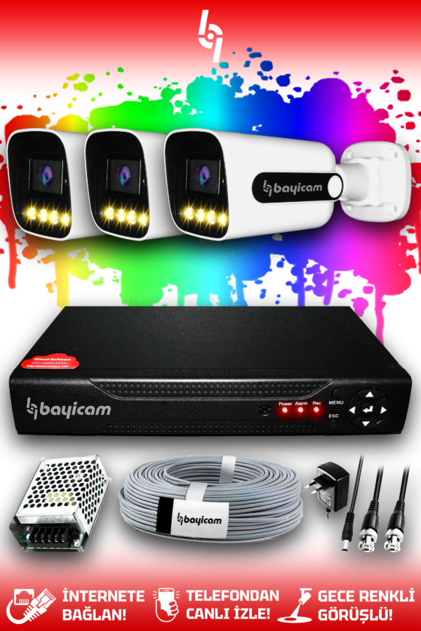 3 Kameralı Zebra 3 Dış Kamera Set HDD'siz Full HD Renkli Gece Görüşlü Güvenlik Kamerası Sistemi