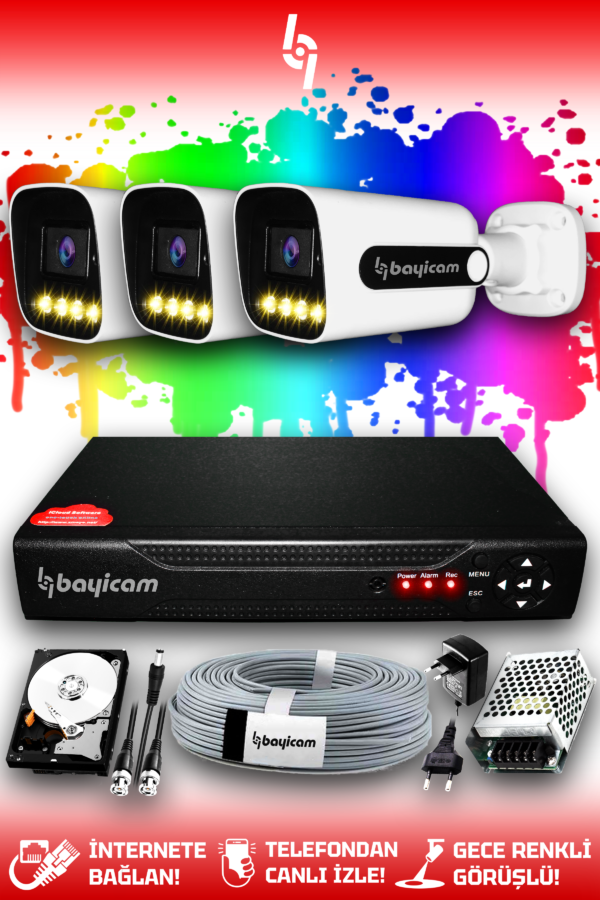 3 Kameralı Zebra 3 Dış Kamera Set 250 GB HDD Full HD Renkli Gece Görüşlü Güvenlik Kamerası Sistemi
