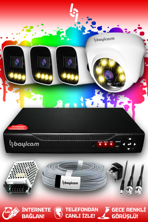 4 Kameralı Zebra 1 İç Kamera Set HDD'siz Full HD Renkli Gece Görüşlü Güvenlik Kamerası Sistemi