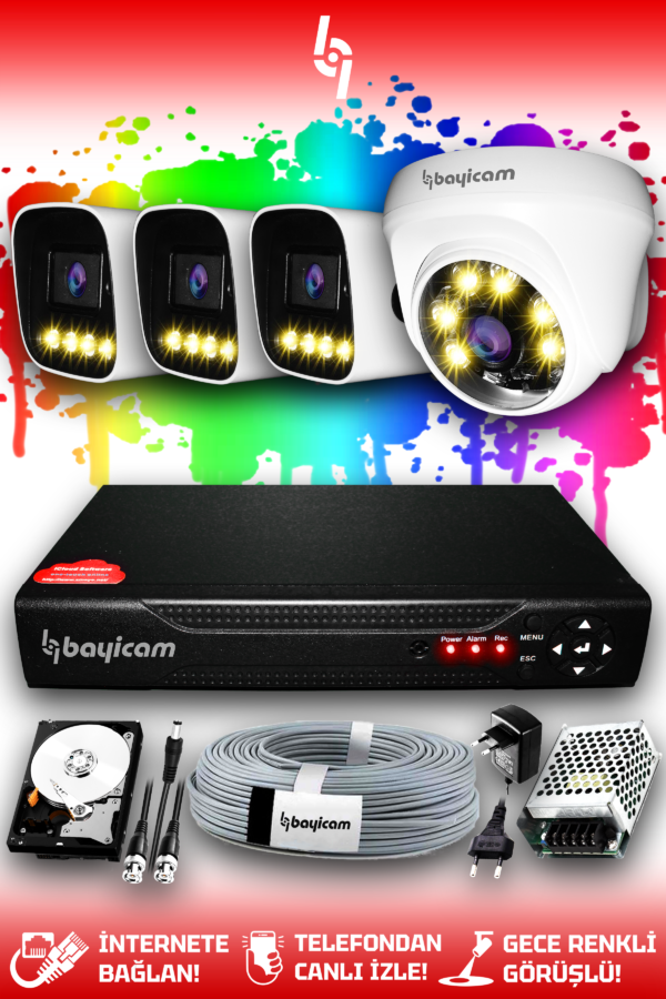 4 Kameralı Zebra 1 İç Kamera Set 2 TB HDD Full HD Renkli Gece Görüşlü Güvenlik Kamerası Sistemi