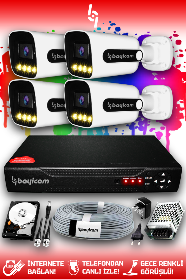 4 Kameralı Zebra 4 Dış Kamera Set 250 GB HDD Full HD Renkli Gece Görüşlü Güvenlik Kamerası Sistemi