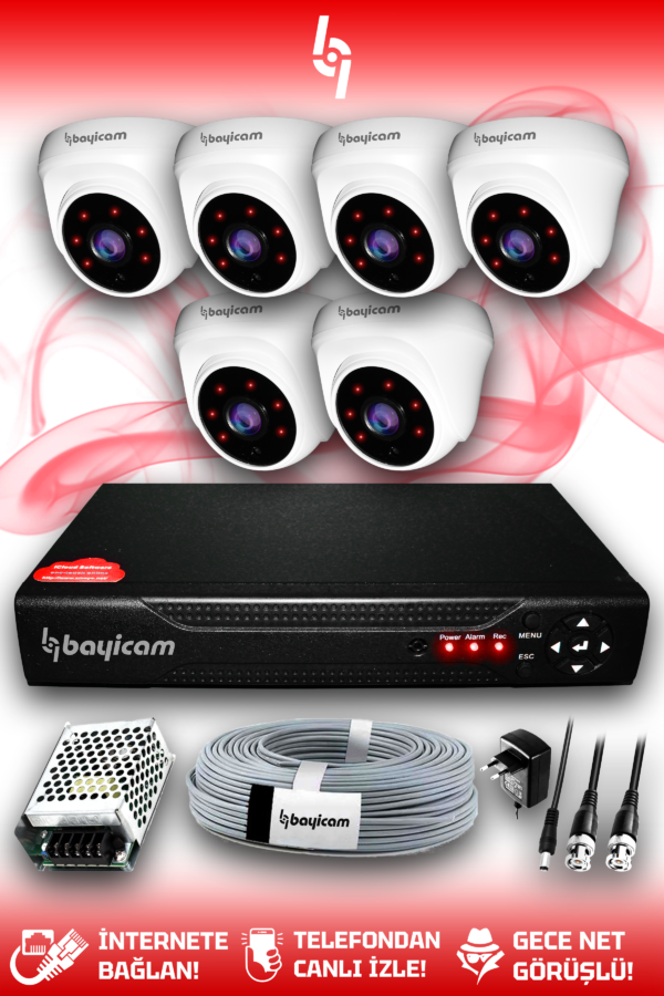6 Kameralı Dome 6 İç Kamera Set HDD'siz Full HD Gece Görüşlü Güvenlik Kamerası Sistemi