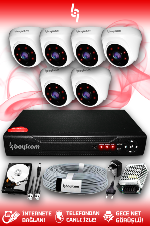 6 Kameralı Dome 6 İç Kamera Set 500 GB HDD Full HD Gece Görüşlü Güvenlik Kamerası Sistemi