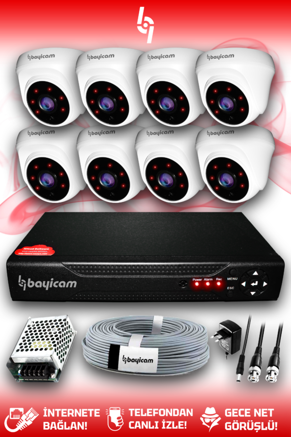 8 Kameralı Dome 8 İç Kamera Set HDD'siz Full HD Gece Görüşlü Güvenlik Kamerası Sistemi