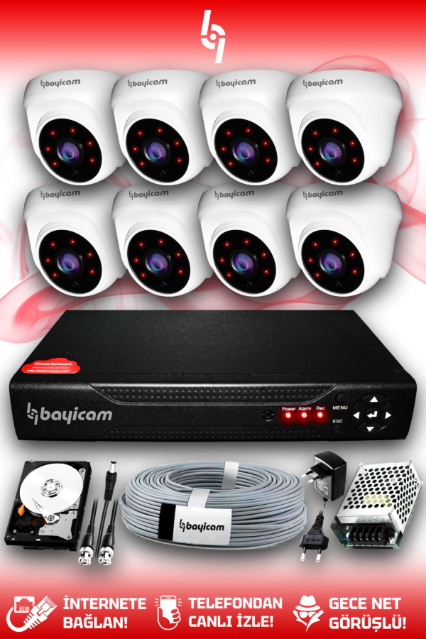 8 Kameralı Dome 8 İç Kamera Set 2 TB HDD Full HD Gece Görüşlü Güvenlik Kamerası Sistemi