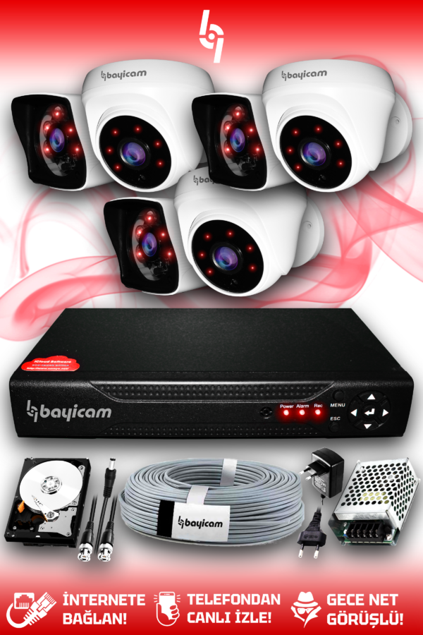 6 Kameralı Kare 3 İç Kamera Set 320 GB HDD Full HD Gece Görüşlü Güvenlik Kamerası Sistemi