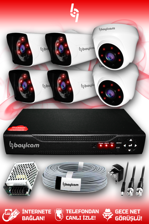 6 Kameralı Kare 2 İç Kamera Set HDD'siz Full HD Gece Görüşlü Güvenlik Kamerası Sistemi