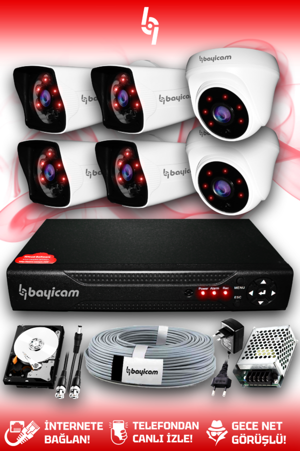 6 Kameralı Kare 2 İç Kamera Set 100 GB HDD Full HD Gece Görüşlü Güvenlik Kamerası Sistemi