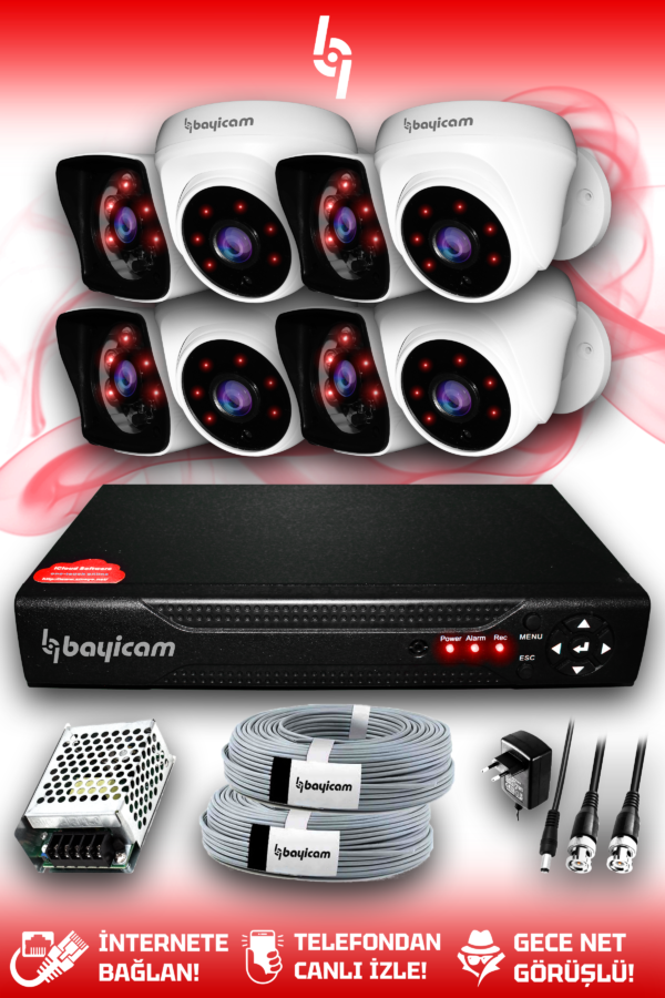 8 Kameralı Kare 4 İç Kamera Set HDD'siz Full HD Gece Görüşlü Güvenlik Kamerası Sistemi