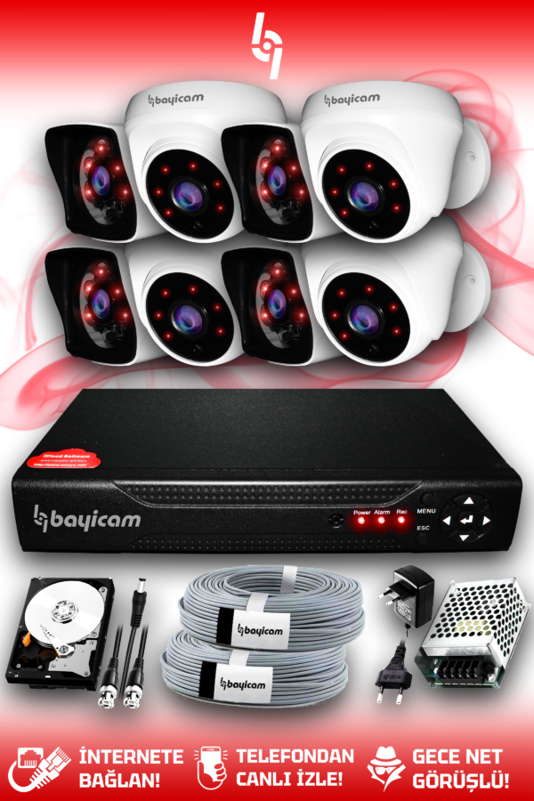 8 Kameralı Kare 4 İç Kamera Set 320 GB HDD Full HD Gece Görüşlü Güvenlik Kamerası Sistemi