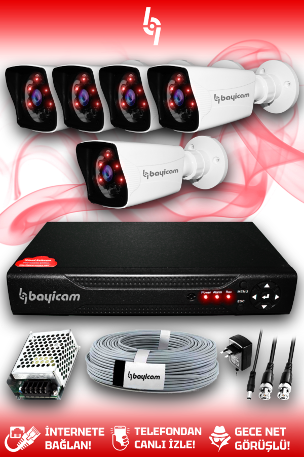 5 Kameralı Kare 5 Dış Kamera Set HDD'siz Full HD Gece Görüşlü Güvenlik Kamerası Sistemi