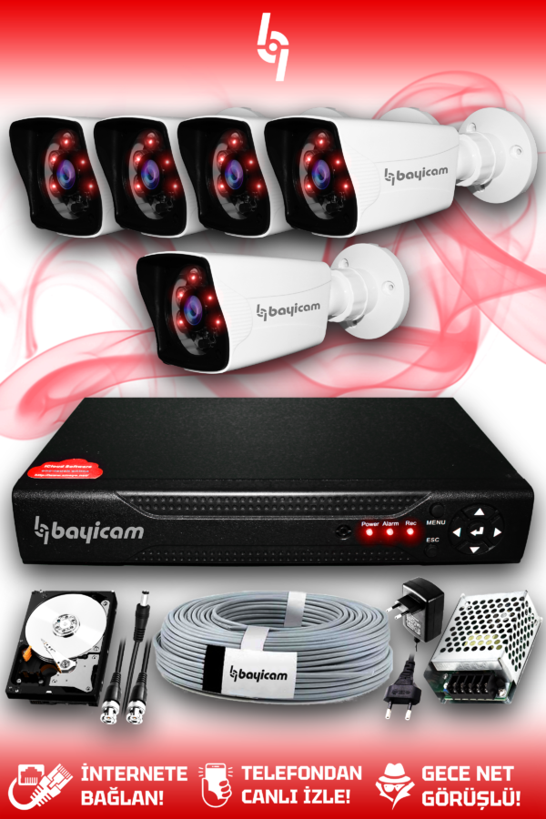 5 Kameralı Kare 5 Dış Kamera Set 2 TB HDD Full HD Gece Görüşlü Güvenlik Kamerası Sistemi