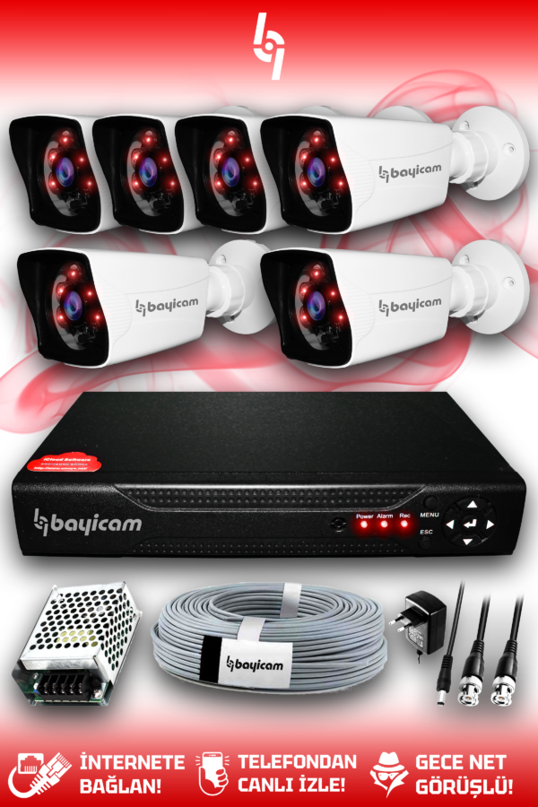 6 Kameralı Kare 6 Dış Kamera Set HDD'siz Full HD Gece Görüşlü Güvenlik Kamerası Sistemi