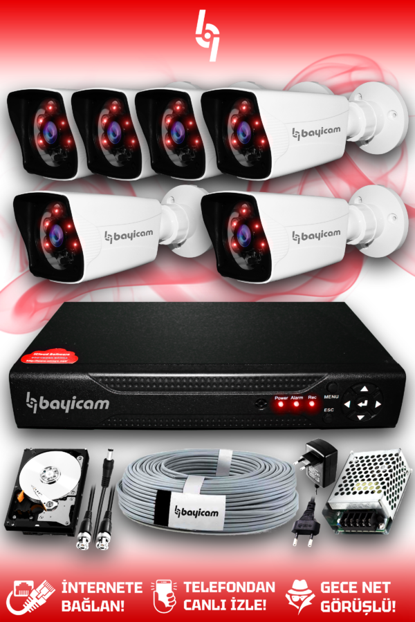 6 Kameralı Kare 6 Dış Kamera Set 2 TB HDD Full HD Gece Görüşlü Güvenlik Kamerası Sistemi