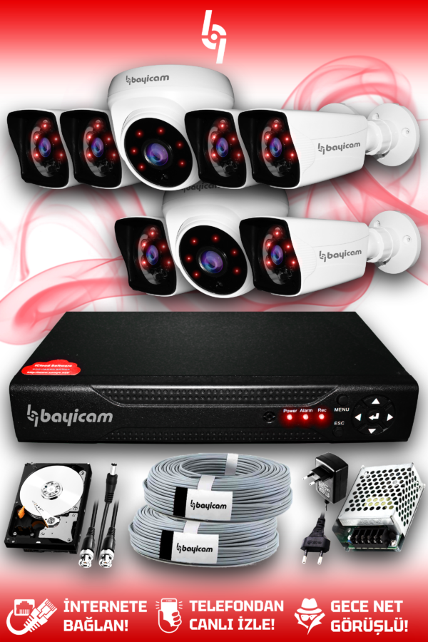 8 Kameralı Kare 2 İç Kamera Set 2 TB HDD Full HD Gece Görüşlü Güvenlik Kamerası Sistemi